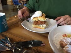 Fried chicken biscuit with a poached egg